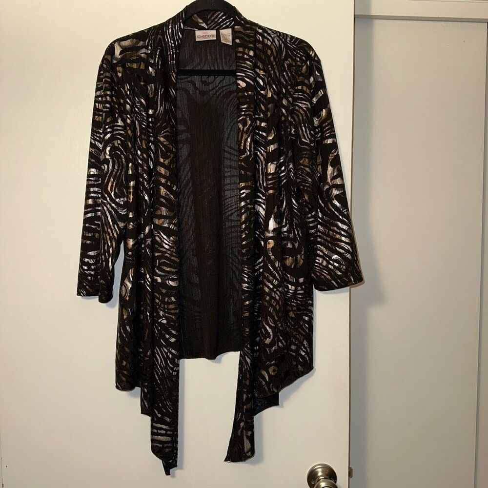 Chicos Large (Sz 2) Open Front Cardigan Black Metallic Silver Brown Abstract EUC